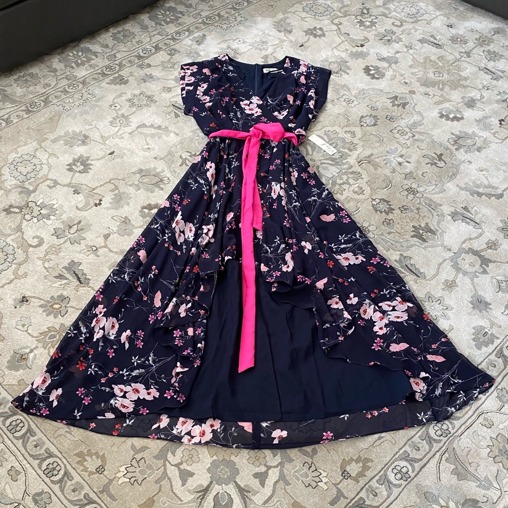 Floral High-Low Faux Wrap Chiffon Dress navy pink wedding guest sz 16 Eliza J